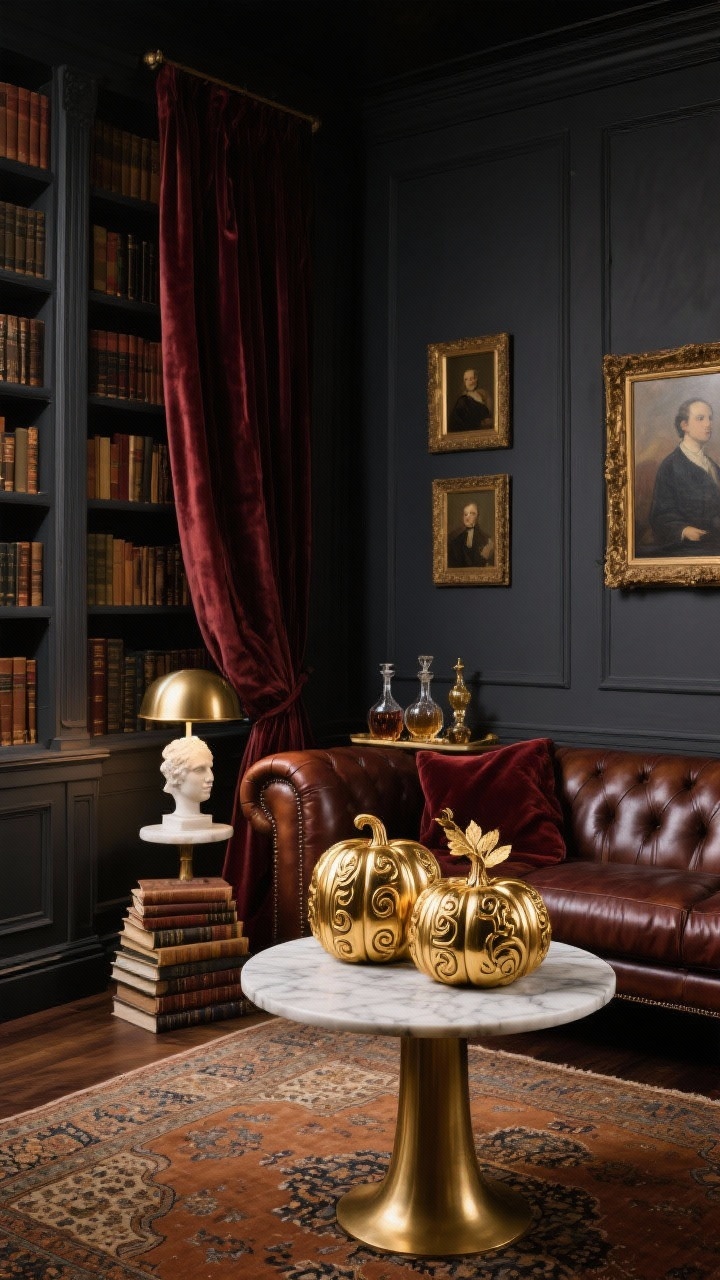 Medium, moody library corner: charcoal walls, wall-to-wall bookcases, leather chesterfield sofa partially in frame, vintage Persian rug underfoot. On a brass-and-marble round side table, gilded baroque pumpkins with raised scrollwork and antique gold leaf, paired with a small marble bust, brass reading lamp, and a stack of classic books. Velvet wingback and heavy velvet curtains in background, framed oil portraits on the wall, a decanter set glinting subtly. Colors: charcoal, oxblood, antique gold, cognac. Low, atmospheric lamplight.