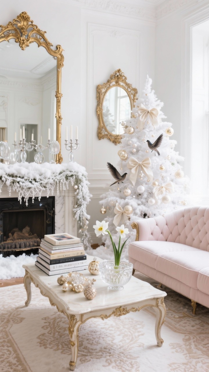 Medium salon shot, photorealistic: Parisian chic room in winter white with antique gold mirrors, carved frames, and a tufted settee; tree layered white-on-white with pearl ornaments, feathered birds, satin bows, and delicate glass finials; mantel styled with mercury glass candlesticks, a cascading lace runner, and a dusting of faux snow; palette of ivory, pearl, soft gold, and a whisper of blush; coffee table featuring a stack of art books, crystal bowl of ornaments, and a single paperwhite bloom; faded pale-neutral Oriental rug; soft, elegant daylight.