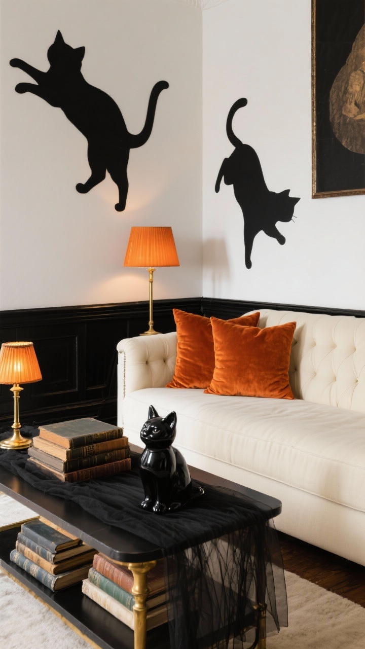 Medium shot, Black Cat Parlor With Shadow Play: a classic living room corner with coal-black and pumpkin-orange velvet throw pillows on a cream sofa; black cardstock cat silhouettes taped along baseboards and darting across a gallery wall; a coffee table draped with a lightweight black tulle runner, stacked vintage books, and a thrifted ceramic cat sprayed satin black; brass accents; amber bulbs in table lamps creating dramatic shadow play that emphasizes the cat shapes; palette of coal black, pumpkin orange, cream, brass; no people, photorealistic.