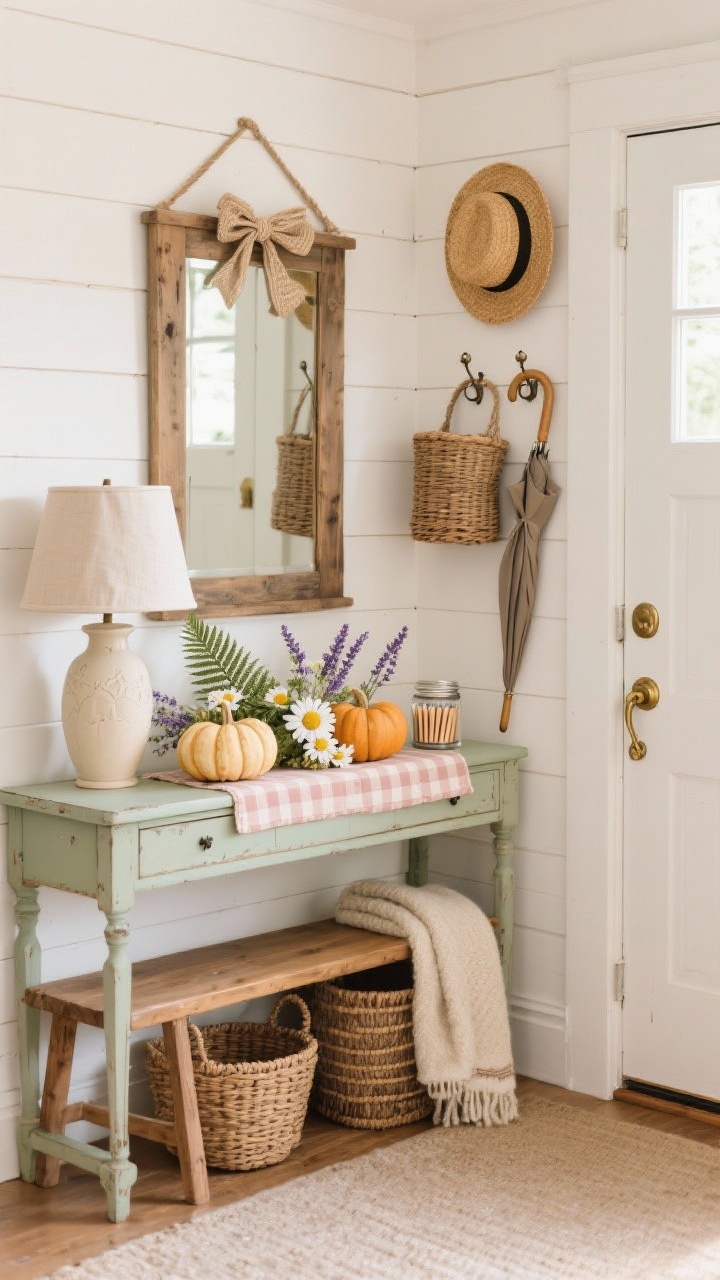 Medium shot, cottagecore entryway in soft daylight: white beadboard wall, pine bench with woven baskets tucked below, and an antique console styled with cream pressed-flower pumpkins adorned with dried daisies, fern fronds, and sprigs of lavender sealed in Mod Podge. A gingham runner under a ceramic lamp with a linen shade, rustic wood mirror above with a twine bow, wicker umbrella stand by the door. Brass hooks holding straw hats, a basket of wool blankets, and a jar of matches on the console. Colors: cream, sage, blush, honey. Photorealistic, straight-on view.