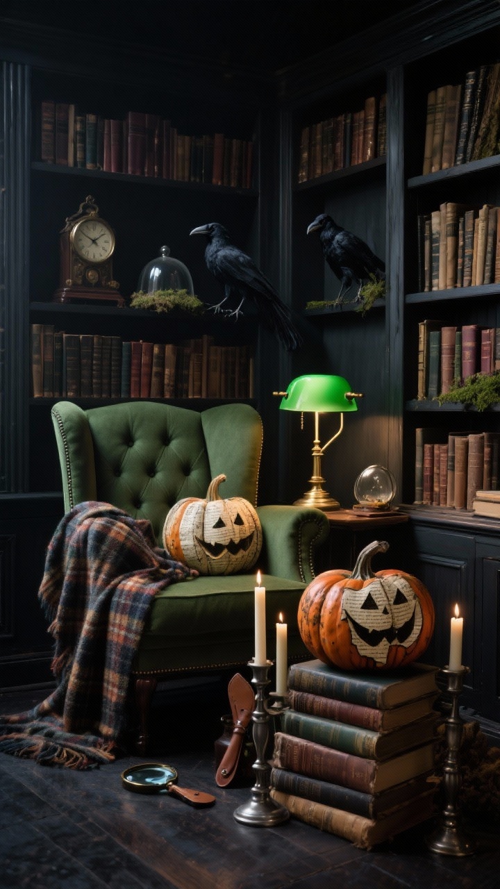 Medium shot, haunted library nook with atmospheric lighting: floor-to-ceiling bookcases, a tufted forest-green wingback chair draped with a tartan wool throw, and a banker’s lamp with green glass casting a moody glow. Book-page decoupage pumpkins with tea-stained, sepia-distressed edges stacked on antique books beside tapered candles in pewter holders. Add brass ravens, a vintage clock, a cloche dome with dried moss, leather bookmarks, a magnifying glass, and a smoky sandalwood diffuser. Dark, scholarly ambiance. Photorealistic, corner angle.