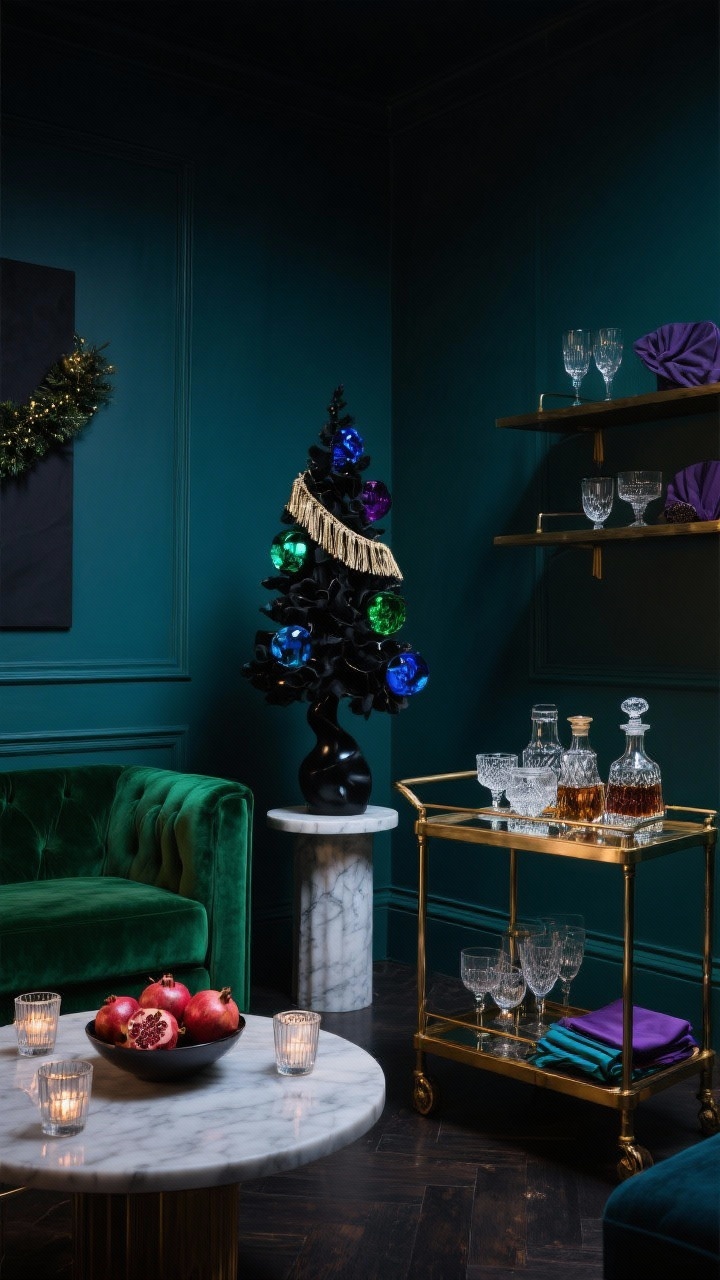 Medium shot of a moody cocktail room at evening: deep teal walls, emerald velvet sofa, smoked-glass/brass bar cart gleaming with cut-crystal glassware. A smaller sculptural tree trimmed in jewel tones—sapphire, emerald, amethyst—with matte black accents, a velvet tree collar, and a metallic tassel garland. Bar cart styled with a vintage decanter set, jewel-toned napkins, and a bowl of pomegranates; smoked glass votives scattered on marble pedestal side table and shelves for a low, moody glow. Palette: emerald, sapphire, amethyst, matte black. Rich, urban, New Year’s-adjacent holiday vibe, photorealistic.