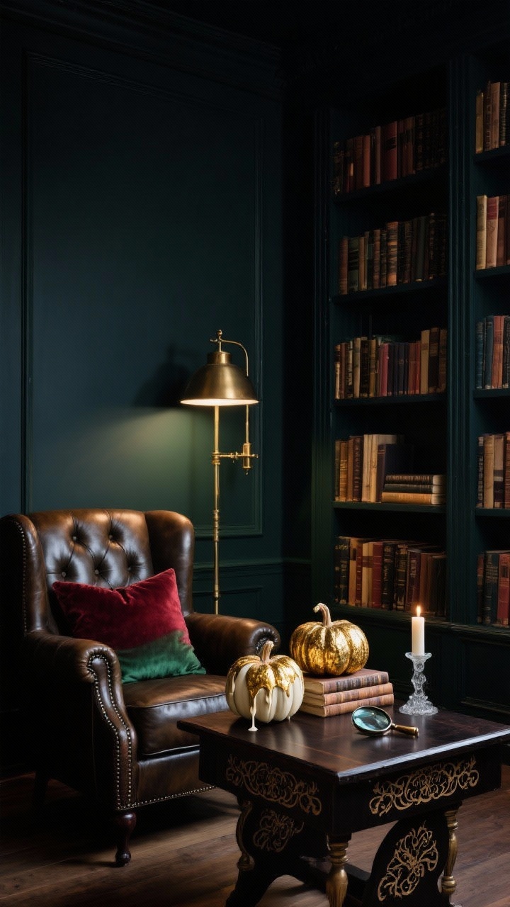 Medium shot of a moody library nook with inky deep navy/black-green walls, floor-to-ceiling bookshelves, and a tufted leather club chair. A brass pharmacy lamp pools warm light onto a dark wood side table. On the table, two pumpkins finished in antique gold leaf with cream faux wax drips and ornate filigree decals circling the stems. Add a velvet throw pillow in oxblood or emerald on the chair, a stack of vintage hardcovers topped with a magnifying glass, and an unlit smoky glass candle. Dramatic, romantic, mysterious atmosphere, rich shadows, warm highlights.