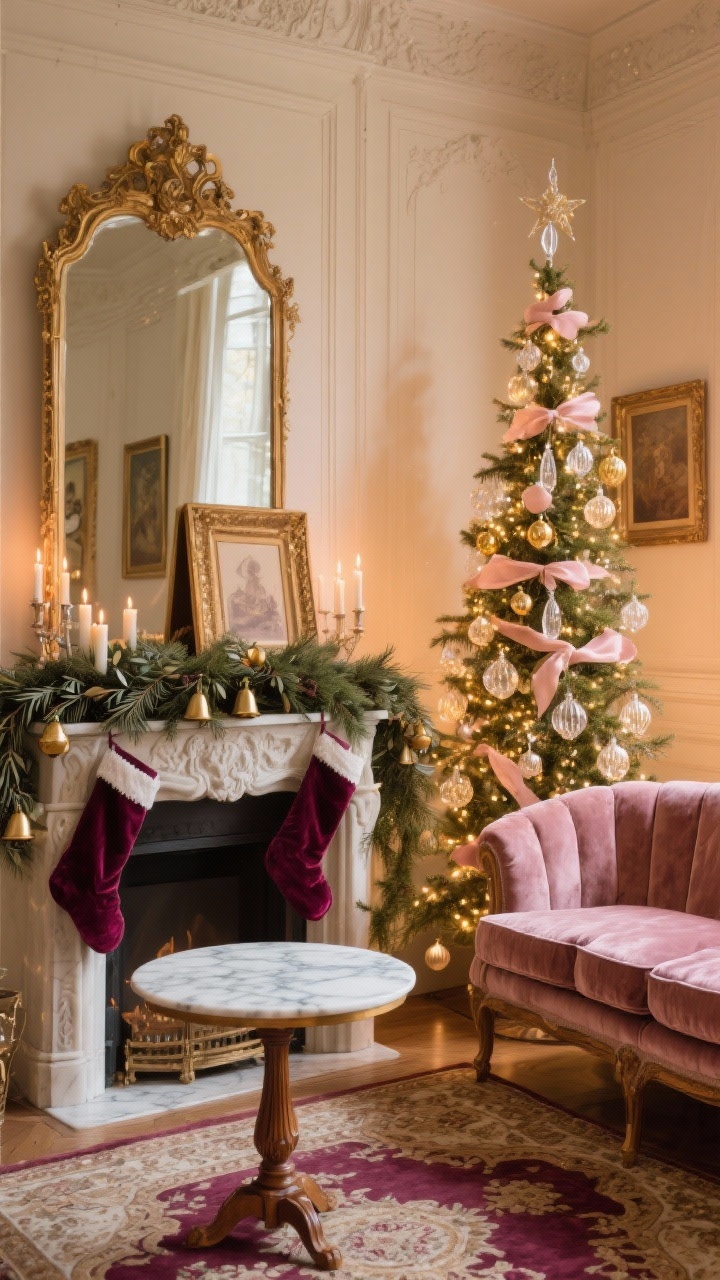 Medium shot of a Parisian holiday parlor corner in warm ambient light: velvet loveseat, marble-topped bistro side table, carved wood mirror and gilded picture frames leaning on a mantel. Tall classic tree with slim glass ornaments in antique gold, pale blush, and clear crystal, draped with a deep berry hand-knotted ribbon; delicate LED clip-on candles for vintage glow. Mantel layered with a cascade of cedar and olive branches dotted with petite brass bells; velvet stockings. Vintage-style rug grounding the scene. Palette: antique gold, blush, deep berry, warm cream. Romantic and decadent, photorealistic.