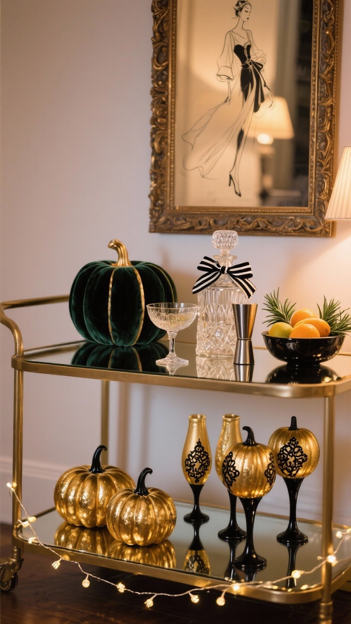 Medium shot, Parisian glam bar cart vignette at evening: a mirrored bar cart styled with gilded mini pumpkins—some fully gold-leafed with matte black stems, others champagne-painted with delicate black lace decals. Include a velvet pumpkin for plush texture, coupe glasses, a crystal decanter, a cocktail shaker tied with a black-and-white ribbon, a bowl of citrus, and sprigs of rosemary. Tiny battery fairy lights twine along the lower shelf. Backdrop: framed vintage fashion sketch or ornate mirror reflecting warm ambient light. Photorealistic, three-quarter angle.
