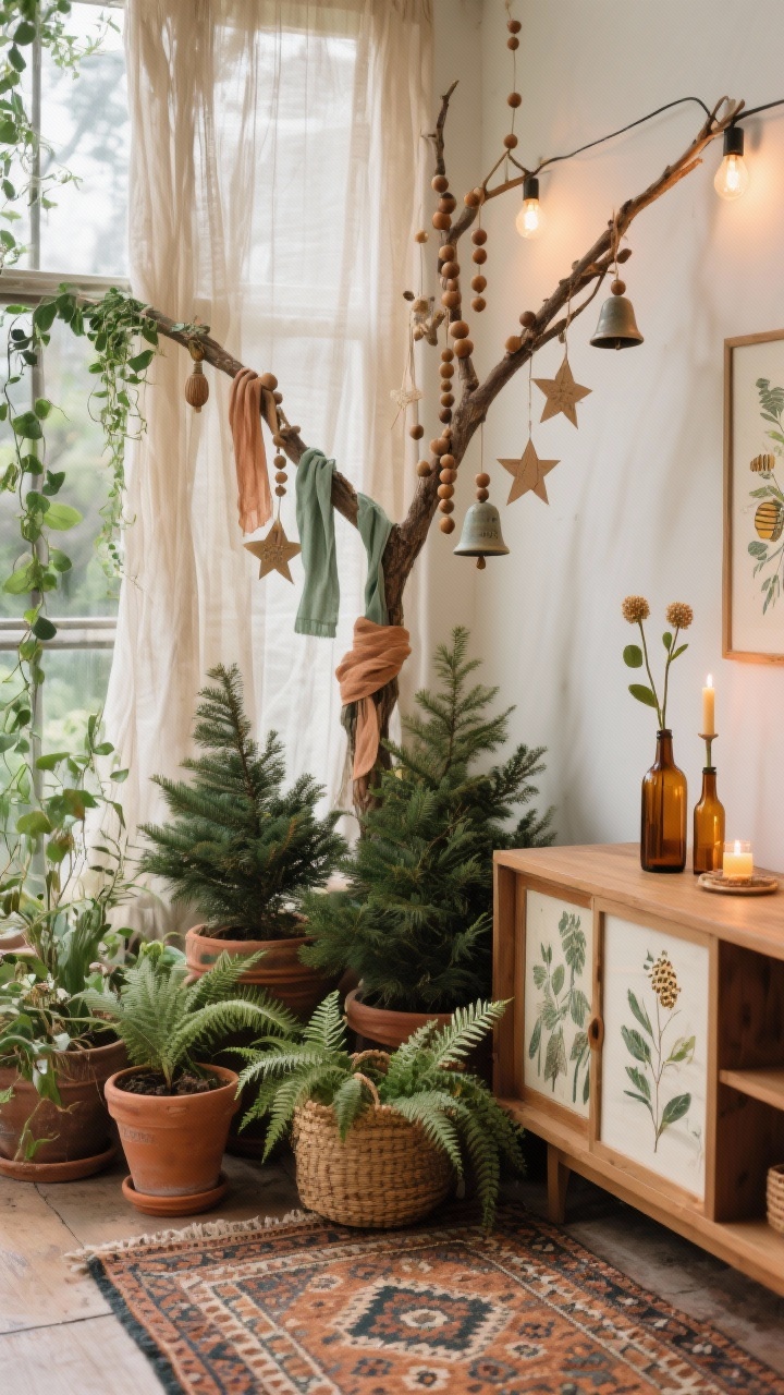 Medium shot, photorealistic: Boho botanical greenhouse corner overflowing with potted evergreens, trailing ivy, and ferns in baskets and terra-cotta; twig-style tree adorned with wooden beads, ceramic bells, paper stars, and hand-dyed ribbons in sage and clay tones; patterned Kilim rug grounding the vignette; sideboard with amber glass bottles holding single stems, botanical prints, and beeswax tapers; curtain lights behind gauzy drapes for a soft glow; earthy, lush, and artisanal atmosphere.