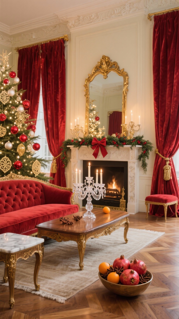 Medium shot — Red & Gold Parlour Elegance: A refined parlour with rich red silk/velvet drapery against cream/ivory walls, tufted settee, marble-topped side tables, and a gilded mirror over the fireplace. Formal tree with white lights, red glass balls, gold filigree ornaments, and glossy ribbon bows. On a polished wood console, a crystal candelabra centerpiece with sprigs of holly. Herringbone wood floors with a neutral rug; a bowl of pomegranates and clove-studded oranges nearby. Warm candlelight reflections in gilt details, luxurious yet welcoming. Photorealistic.
