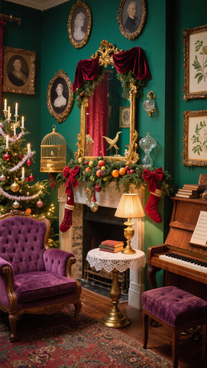 Medium shot — Victorian Carols Sitting Room: Romantic, theatrical sitting room in jewel tones of emerald, ruby, and plum with rich wood furniture. A tufted chaise near a small round pedestal table; a corner upright piano with caroling books. Tree with LED clip-on candle lights, delicate tinsel strands, and blown glass ornaments. Mantel under a gilt mirror, swagged with fruit-and-ivy garland and velvet bows. Walls display cameo portraits and botanical prints in ornate frames. Accents: brass birdcage, lace doilies, Victorian-style stockings. Warm brass lamp glow, photorealistic.