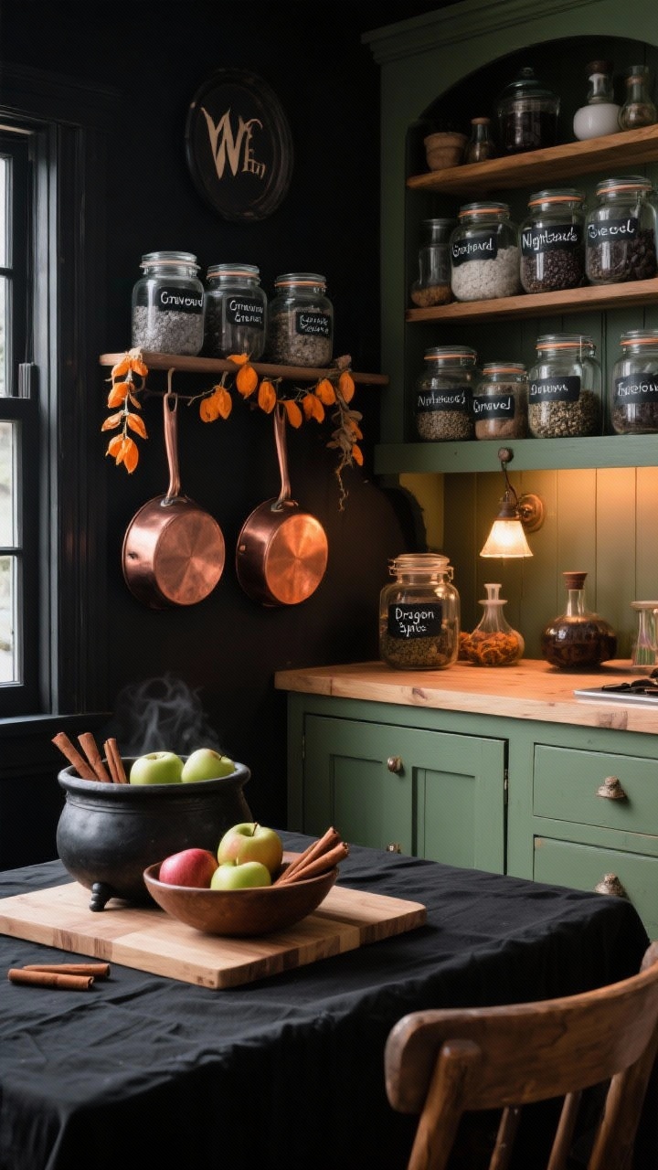 Medium shot, Witch’s Pantry Kitchen Nook: breakfast nook turned potion station; glass jars neatly decanted and labeled “Graveyard Gravel,” “Nightshade Seeds,” “Dragon Spice”; peg rail with dried orange garlands and mini copper pans; table covered with black linen cloth, a wooden cutting board centerpiece, and a cauldron-shaped bowl filled with apples and cinnamon sticks; palette of inky black, warm copper, natural wood, sage green accents; under-cabinet warm glow or a small shaded lamp giving moody illumination; no people, photorealistic.