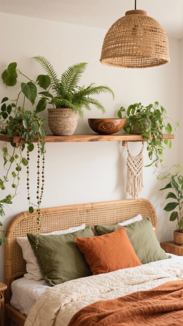 Medium, slightly overhead angle focusing on boho botanicals: warm teak shelf above a rattan headboard; cascading plants—string of pearls, pothos, and a fern in a textured pot—creating layered greenery; a small macrame hanging draped off one shelf edge; carved wood bowl as accent; earthy bedding with a terracotta throw, sage shams, and a cream quilt; woven pendant light overhead; lush, cozy, life-filled vibe with soft daylight.