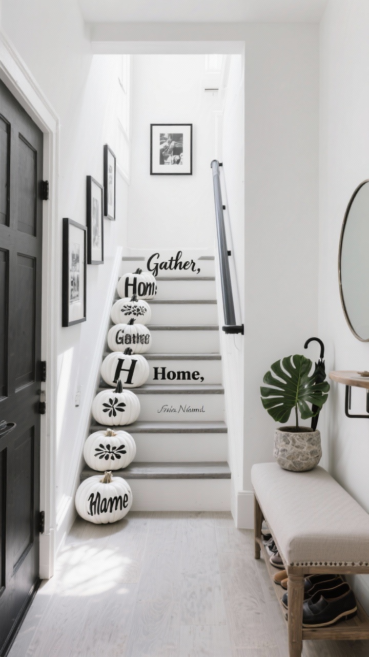 Medium, straight-on entry stairway composition: crisp white walls, black stair rails, framed black-and-white photos ascending the staircase. On the first few steps, an arranged lineup of monochrome typography pumpkins—matte white pumpkins stenciled in black with “Gather,” “Home,” and a family name—varying sizes and fonts for rhythm. Nearby, a slim entry table, upholstered bench with shoe storage, oversized round mirror, umbrella stand, and a stone planter with a fiddle-leaf fig. Palette: black, white, soft gray. Clean, natural daylight for high contrast.