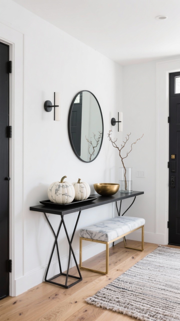 Medium, straight-on photorealistic entryway shot of a modern minimalist foyer: white walls, black hardware, light oak floors. A slim black metal sculptural console supports a black tray displaying three marble-effect pumpkins (white with soft gray veining), a sleek brass bowl as a catchall, and a single branching stem in a glass cylinder vase. Round frameless mirror above, linear wall sconce, and a minimalist bench nearby. A textured wool runner grounds the scene. Color palette: white, charcoal, light oak, touch of brass. Bright, crisp daylight, uncluttered composition.