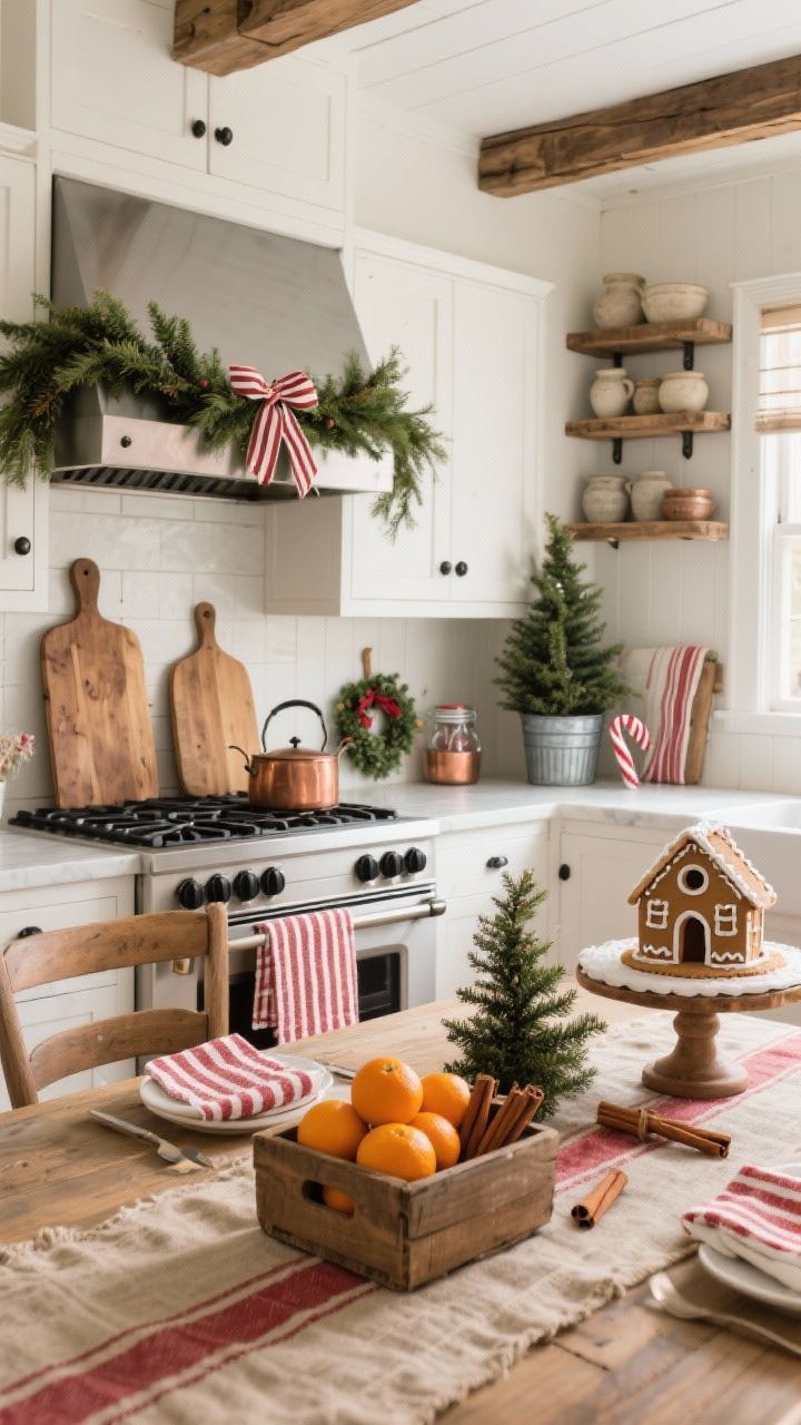 Medium-wide kitchen shot, photorealistic: Rustic farmhouse kitchen with white cabinetry, black hardware, and warm wood cutting boards layered like decor; fresh garland draped over the range hood, striped ribbons tied to cabinet pulls; open shelves showing stoneware, copper pots, mini wreaths, and a jar of candy canes; narrow tree in a galvanized bucket beside the breakfast nook; red ticking stripe towels, grain-sack runner, linen napkins; centerpiece crate of clementines, cinnamon sticks, and a small spruce; gingerbread house on a cake stand; warm morning light.