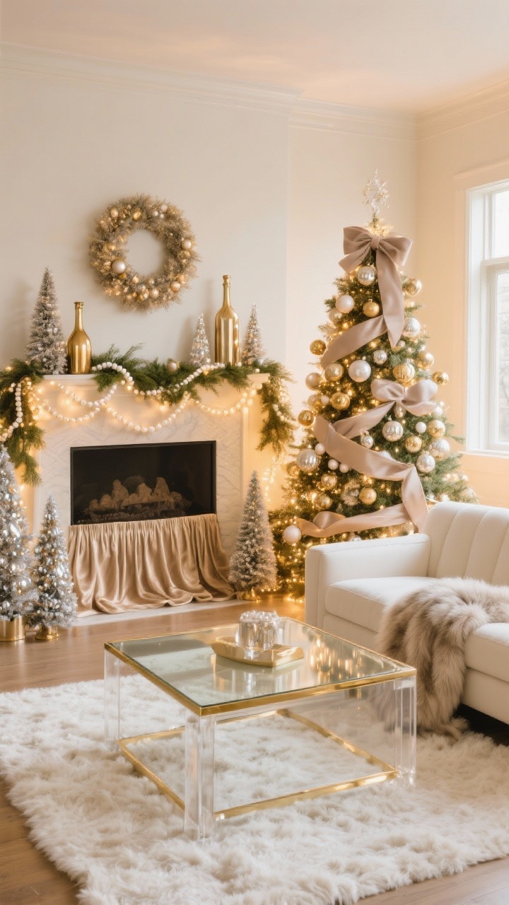 Medium-wide living room at golden hour with soft-glow string lights: creamy sectional sofa, plush ivory rug, brass-framed glass coffee table, lucite side table, faux fur throw. Christmas tree dressed in champagne, pearl, and brushed gold ornaments with pale taupe satin ribbon and oversized mercury glass finials. Mantel styled with layered metallic bottle brush trees and asymmetrical greenery; champagne velvet tree skirt pooling at the base. Mercury glass trees, pearl garland, champagne wreath on the wall. Palette: ivory, champagne, warm gold, pale taupe. Airy, effervescent, elegant, photorealistic.