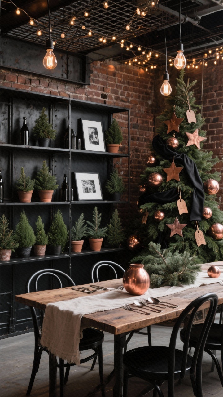 Medium-wide studio shot, photorealistic: Industrial copper and evergreen style with exposed brick, matte black metal shelving, and accents of aged copper; full tree decorated with copper spheres, leather tags, wooden stars, and black velvet ribbon; industrial shelf lined with potted evergreens, black-and-white prints, and bottlebrush trees; reclaimed wood dining table with black bentwood chairs, linen runner, and copper flatware; Edison bulbs overhead with twinkle lights woven through a metal grid; moody, warm industrial ambiance.