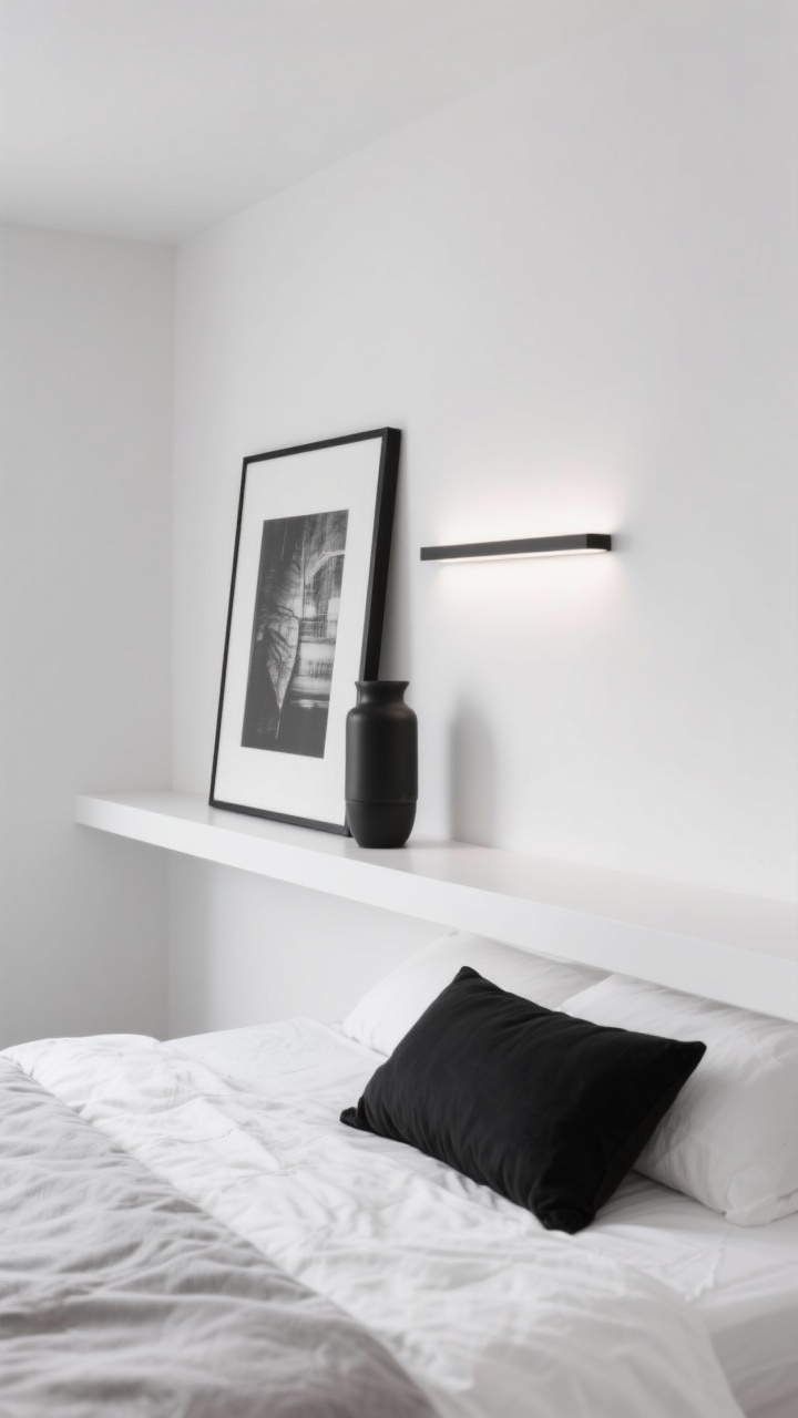 Minimal monochrome detail closeup: a super-long matte white shelf nearly disappearing into a white wall; only three styled items in frame—an oversized black-and-white photograph leaned against the wall, a tall matte black cylinder vase, and a slim LED picture light above casting a clean linear glow; bedding below hints of white sheets, light gray duvet, single black lumbar pillow; crisp, gallery-like negative space emphasized.