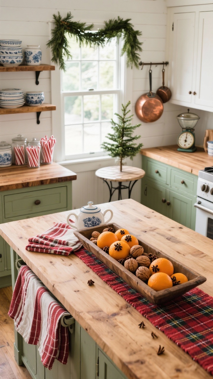 Overhead detail — Plaid-Packed Country Kitchen: A wooden kitchen island top styled with a trough filled with oranges, walnuts, and clove-studded pomanders. Nearby: plaid tea towels, red-striped runner, and glimpses of sage or white cabinetry with warm butcher-block counters. Open shelves showing stacks of ironstone, glass canisters of peppermint sticks, and a vintage scale. Copper pots hanging off to the side and a tiny tabletop tree on a bistro corner. Fresh cedar garland threaded over a window. Bright, cozy daytime light, photorealistic.