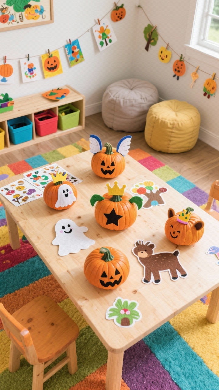 Overhead detail shot of a kids’ playroom art table made of natural wood, on a washable colorful rug; bright, cheerful daylight. Several pumpkins decorated with removable vinyl sticker scenes: friendly ghosts, smiling stars, woodland animals; felt cutouts attached for ears, wings, and crowns using double-sided tape. Around the table: color-coded bins holding sticker sheets and felt pieces, a clip string display with kids’ seasonal art visible along the edge, and soft poufs nearby. Clean, playful, interactive, no mess, no people.
