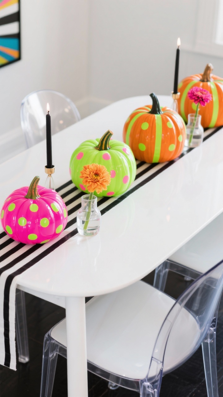 Overhead detail shot of a pop art dining centerpiece: glossy white tulip table with a striped runner and acrylic chairs barely visible at frame edges. A lineup of high-gloss neon pumpkins—hot pink, lime, citrus orange—painted with crisp polka dots and angular stripes using painter’s tape. Clear bud vases with single neon mums, black taper candles in sleek holders. Palette: white base with saturated neon accents and black grounding lines. Bright, even lighting, photorealistic.