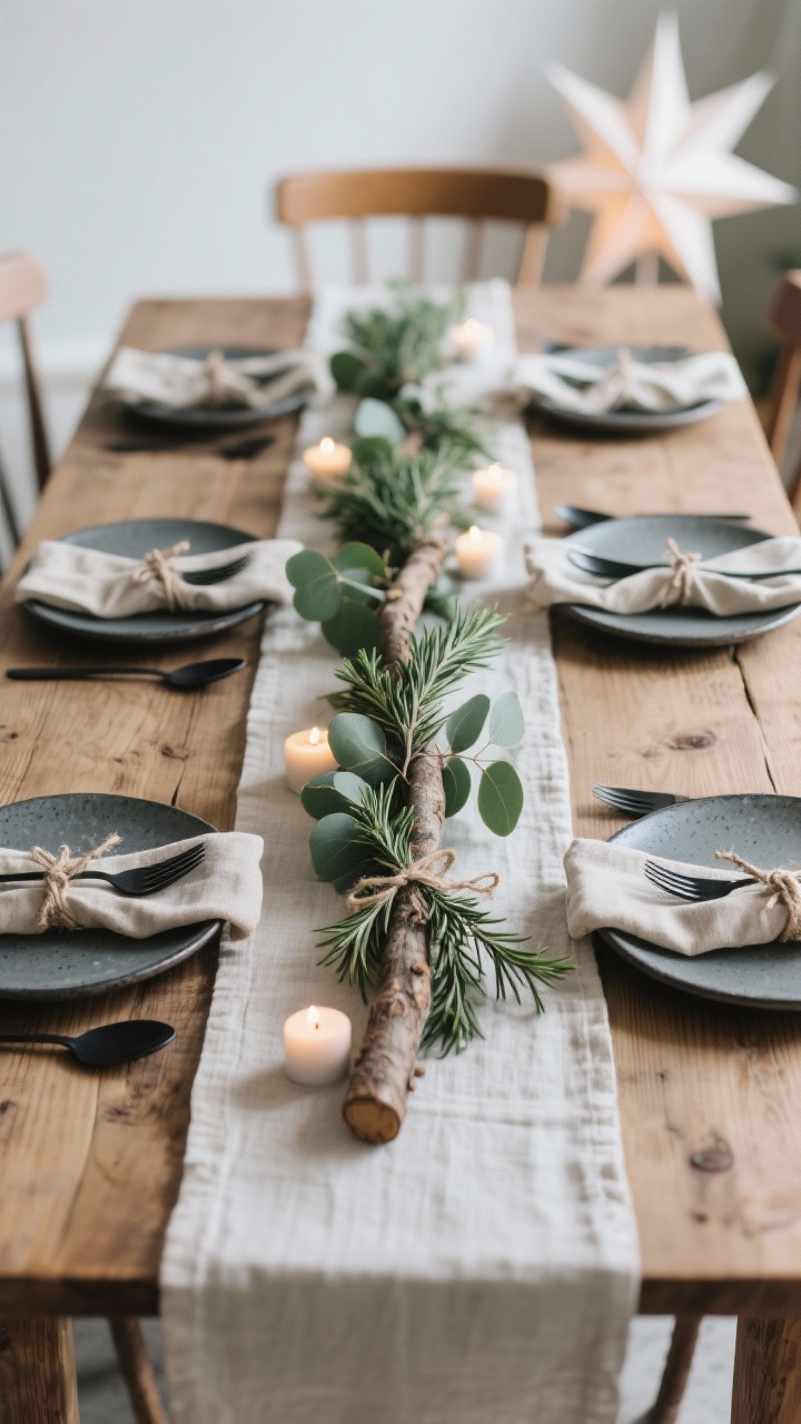 Overhead detail shot of a Scandinavian natural dining table setting: natural oak table with a linen runner, stoneware plates, matte black flatware, flax-colored napkins tied with twine and a sprig of rosemary. A long, low cedar and eucalyptus centerpiece running the table’s length with scattered tea lights. Soft green, natural wood, charcoal, warm white palette. In the blurred background, hints of wishbone chairs and paper star lantern glow. Serene, understated, tactile, photorealistic.