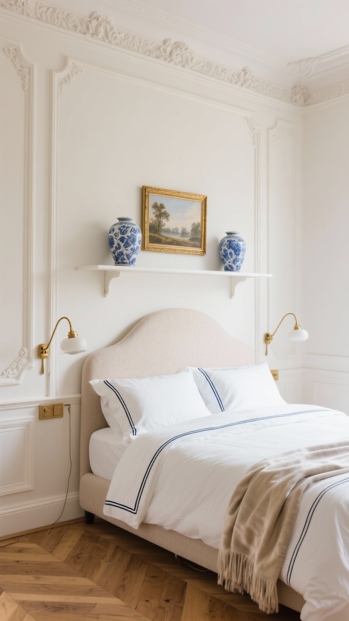 Parisian classic wide, straight-on shot: wall molding painted soft ivory framing a slim painted shelf with a decorative edge above a curved upholstered headboard; shelf styled with blue-and-white porcelain vases and a small gilt-framed landscape; crisp white bedding edged in navy piping with a silk throw; brass swing-arm sconces and herringbone wood floor completing the look; elegant, airy, effortless charm with warm, diffused light.