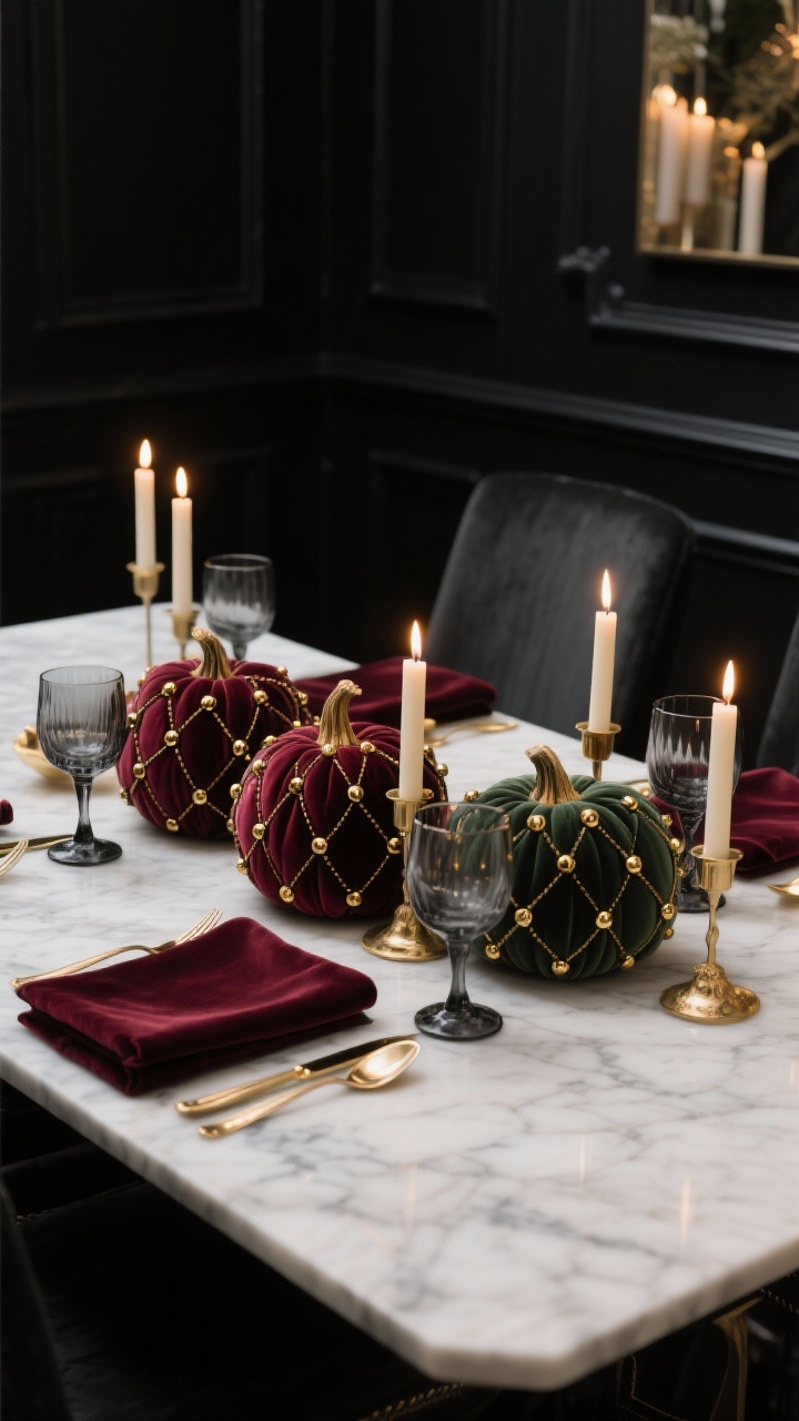 Photorealistic closeup centerpiece on a black-tie dining table: marble tabletop with smoked glass goblets and taper candles; plush velvet-covered pumpkins in deep oxblood and forest tones, studded with antique brass upholstery tacks in symmetrical lattice patterns; velvet napkins and gold flatware framing the composition; dramatic black walls softly blurred; luxurious, moody lighting with warm candle glow.