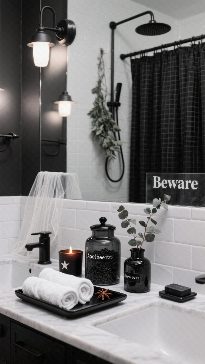 Photorealistic closeup/detail of an Apothecary Bathroom Spa vanity: monochrome scheme with white tile, matte black accessories, and smoky glass accents; black tray holding rolled white towels and a dark amber candle; labeled apothecary jars filled with black bath salts, star anise, charcoal soaps, and eucalyptus stems; mirror top draped with thin cheesecloth and a subtle frosted vinyl decal reading “Beware”; background hints of a black waffle shower curtain and eucalyptus hung from the showerhead; dimmable sconces casting soft moody light with a whisper of clove ambience. Straight-on, crisp detail focus. No people.