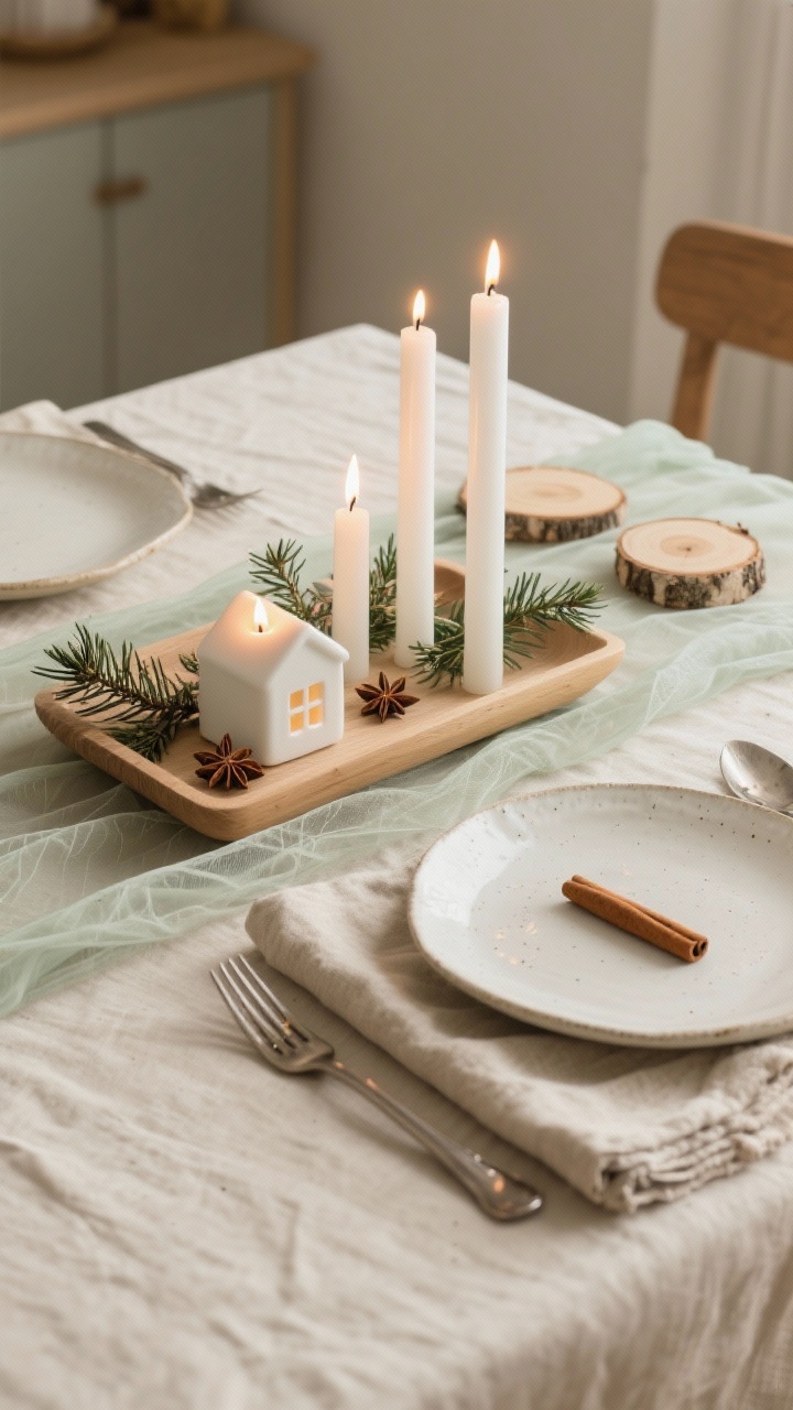 Photorealistic closeup detail of Scandinavian hygge glow: natural linen tablecloth with a sheer gauze runner, a light oak tray holding white pillar candles at varying heights sprinkled with juniper sprigs and star anise; small white ceramic house tea lights glowing; off-white stoneware with rounded edges and brushed nickel flatware nearby; nubby linen napkin tucked under a plate with a cinnamon stick; birch slices as trivets in the background; neutral palette of cream, sand, soft green; soft, diffused warm lighting