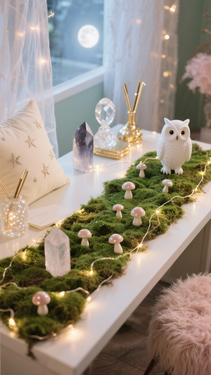 Photorealistic closeup/detail overhead shot capturing Enchanted Forest Glow textures: a faux moss desk runner dotted with tiny ceramic mushrooms and a white owl figurine, twinkle lights woven through sheer gauze drapes softly blurred in the background. Crystal paperweights (clear quartz and smoky) catching warm fairy-light gold highlights next to a pearlescent pen holder. Color accents of soft sage, cream, and blush. Nearby glimpse of a cream cushion with embroidered stars and a shaggy footrest edge. Ethereal, dreamy, moonlit ambiance.