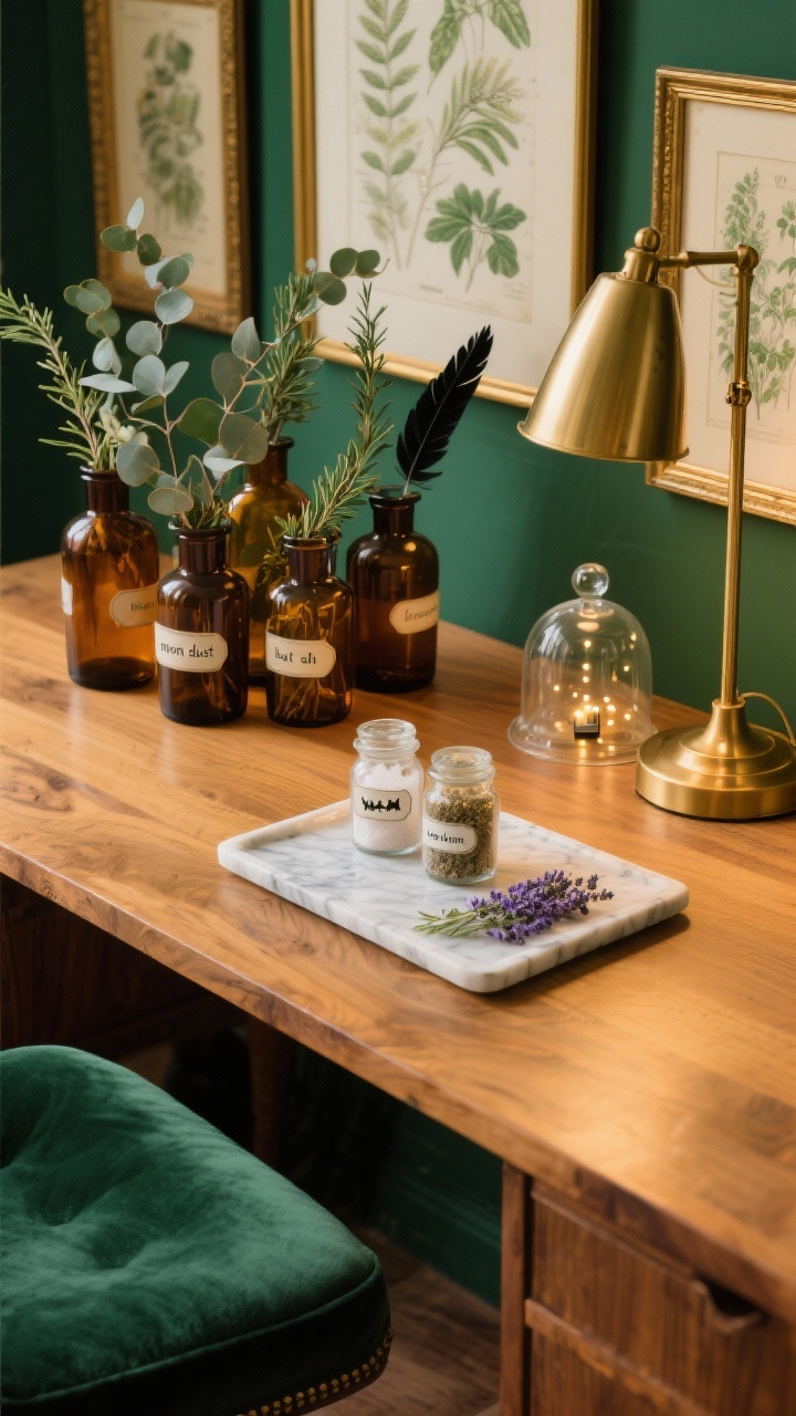 Photorealistic closeup/detail shot at a Witchy Botanica desktop: warm honey-toned oak wood desk with a dark green velvet chair cushion edge in frame. Cluster of amber apothecary bottles holding dried eucalyptus, rosemary sprigs, and a few black feathers. A small marble tray with labeled jars: “moon dust” (salt), “bat ash” (pepper), and dried lavender labeled “sleep charm.” Soft glow from a brass library lamp and a tiny glass cloche filled with battery micro-lights. Background hints of brass-framed vintage botanical prints. Palette: forest green, moss, brass, honey-toned oak. Cozy, herbology lab vibe.