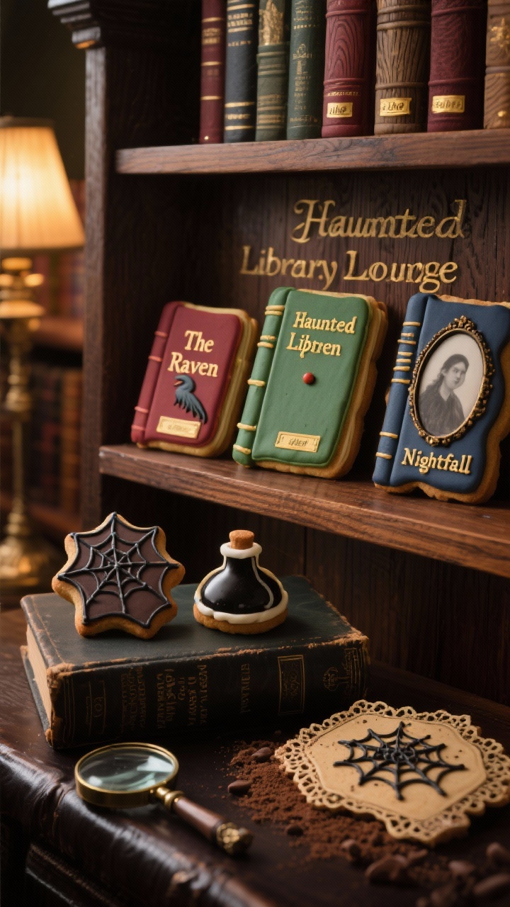 Photorealistic closeup detail shot of a “Haunted Library Lounge” vignette: book-shaped cookies in oxblood, forest green, and navy with gold “spine” titles like “The Raven” and “Nightfall”; wood-paneled “shelf” cookies with etched grain and tiny brass “label” dots; oval-framed spectral portrait cookies; ink-bottle cookies; delicate spiderweb piped like lace across a corner plaque; edges dusted with cocoa and black cocoa for an aged, smoky look. Styled atop a leather-bound book and dark wood board with a faux magnifying glass; warm, cozy library lighting with soft highlights on gold. No people.