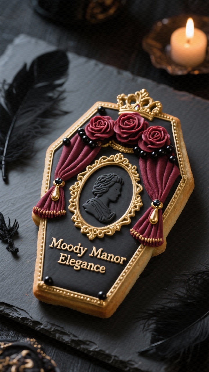 Photorealistic closeup detail shot of Halloween cookies styled as “Moody Manor Elegance”: coffin, oval, ornate frame, and cameo silhouette cookies flooded in deep charcoal royal icing with glossy finish, trimmed with antique gold filigree like crown molding; burgundy piped buttercream roses resembling velvet drapery with jeweled tassel vibes; tiny black sugar pearls at corners like brass tacks; matte luster-dusted accents for contrast. Set on a slate board with a few faux black feathers, lit like a candlelit salon—low, moody side lighting emphasizing sheen vs. matte textures. No people.