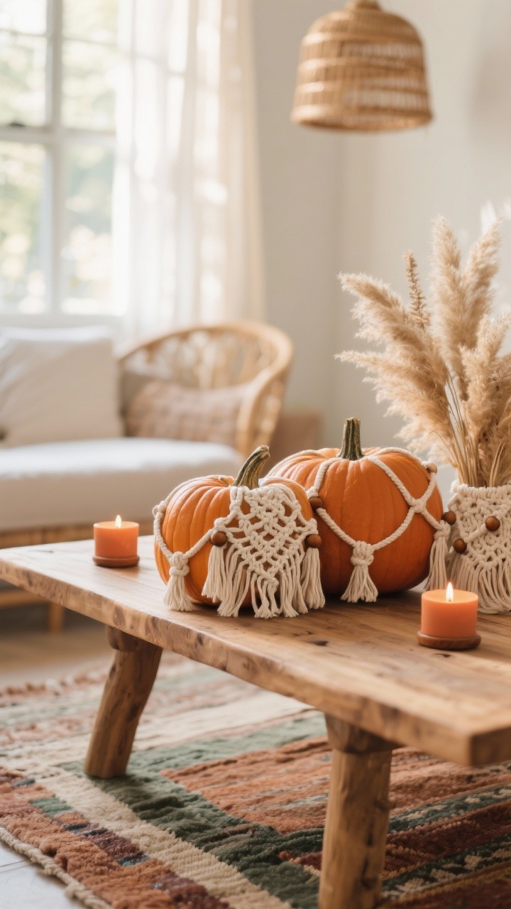 Photorealistic closeup of a boho sunroom tabletop: low mango-wood table with terracotta tea lights and pampas grass nearby; pumpkins wearing cream cotton macramé sleeves with knots, fringe, and wooden bead accents hugging their curves; layered rugs and a hint of a hanging rattan chair blurred in background; palette cream, clay, caramel, sage; soft, sunlit, grounded texture; no people.