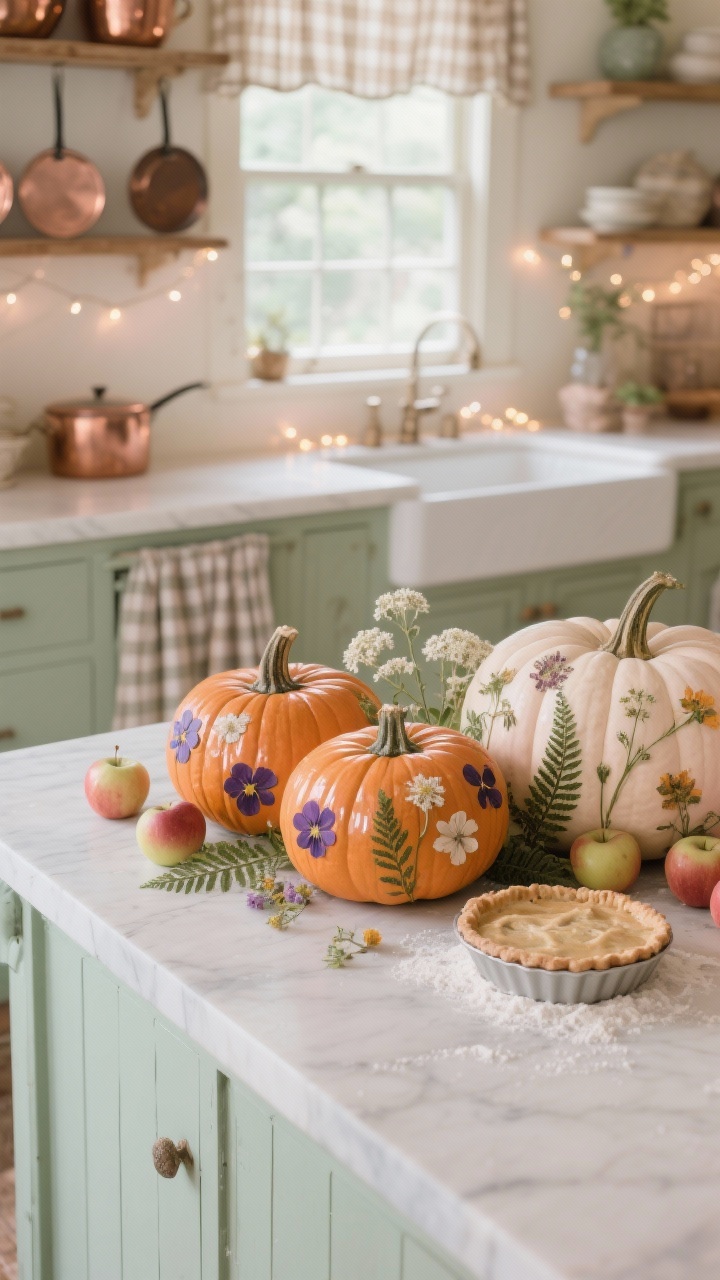 Photorealistic closeup of cottagecore kitchen island: pumpkins decoupaged with pressed wildflowers—pansies, ferns, Queen Anne’s lace—sealed glossy; scattered apples and a flour-dusted pie tin for lived-in charm; warm view to open shelving with copper pans and a gingham under-sink curtain softly blurred in background; fairy lights around the window adding a gentle glow; colors cream, soft green, blush, copper; romantic heirloom vibe.