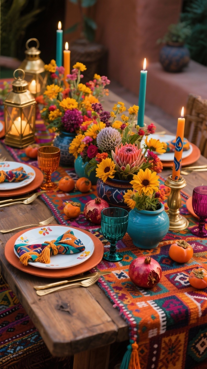 Photorealistic corner-angle medium shot of a bold boho maximalist table: patterned kilim runner bursting with color, terracotta and cobalt pottery filled with exuberant blooms—marigolds, dahlias, protea; brass lanterns and colored glass taper holders at varied heights, mixed with hand-painted candles; terracotta chargers with white plates featuring hand-painted rims, brushed gold flatware; jewel-tone goblets in amber, teal, and berry; block-printed napkins tied with tassels; pomegranates and persimmons scattered down the center; joyful, eclectic vibe with rich evening glow