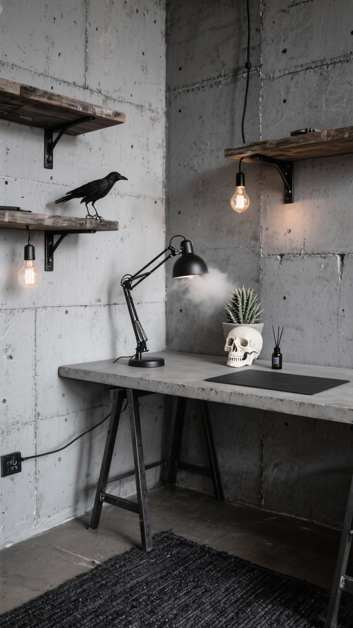 Photorealistic corner-angle medium shot of an Industrial Graveyard desk: concrete-look desk mat, black metal lamp with an exposed Edison bulb, minimal wire sculpture crow, and a bone-colored skull planter with a spiky succulent. Back wall shows peel-and-stick faux concrete panels with textured variation. Shelves feature blackened steel brackets and weathered wood planks. Additional lighting from Edison bulbs on a black cord casually draped for a workshop feel. Floor shows a flat-weave charcoal rug; a small essential oil diffuser emits a subtle “fog.” Palette: graphite, cement gray, iron, hint of bone. Raw, urban, restrained.