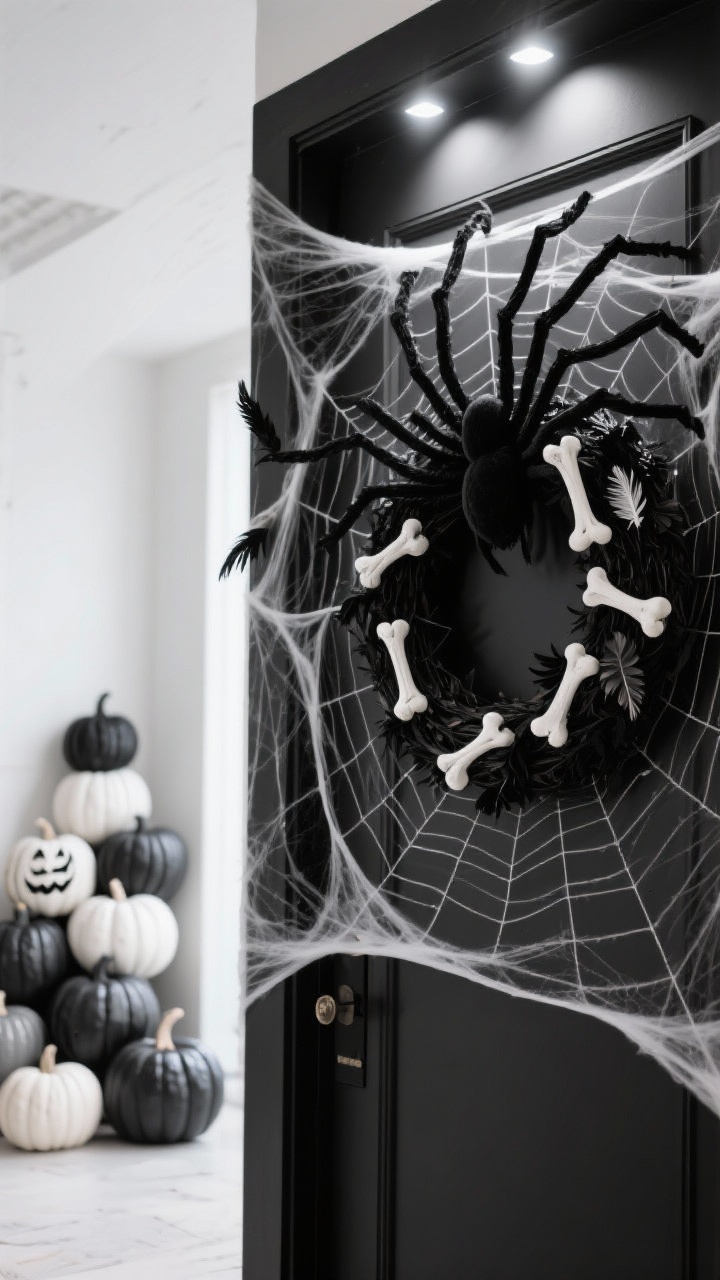 Photorealistic detail closeup at a slight angle focusing on white stretch cobwebs draped over a black doorway with cool-white spotlights making the webs glow; a matte-black wreath inset with stark white faux bones and tiny black feathers; giant black spider legs crossing the webbing in frame; monochrome pumpkins painted black, white, and gray stacked neatly in the background blur; color palette black, white, gray; textures matte paint, feather, webbing; crisp, graphic contrast.