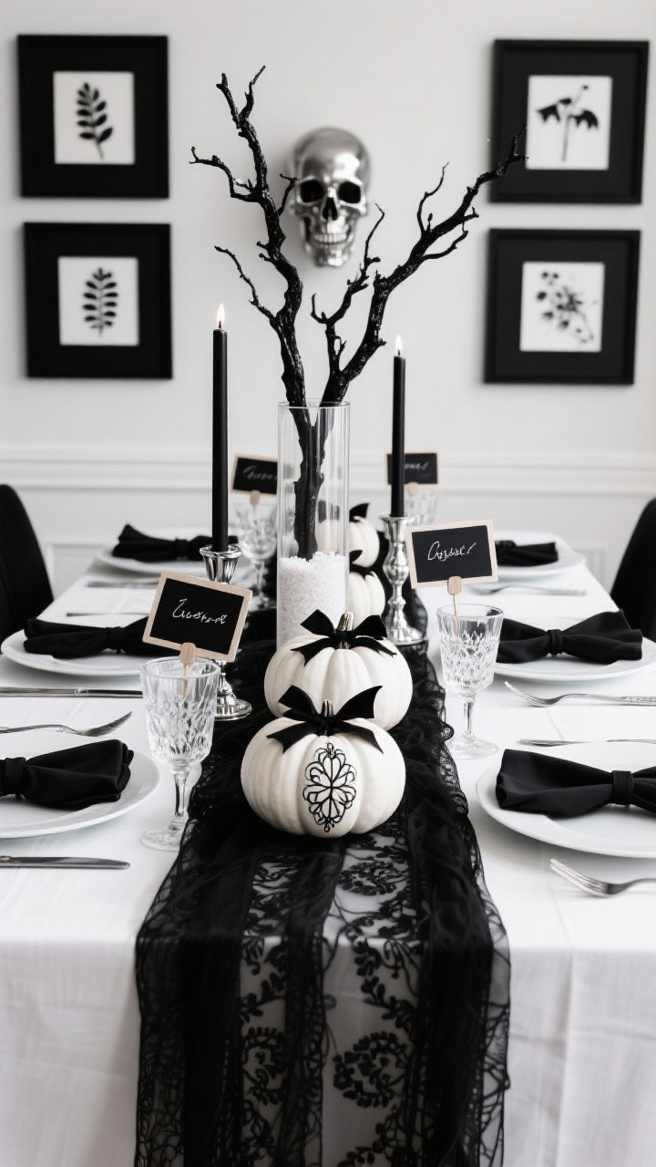 Photorealistic detail/medium dining table scene for a Black-and-White Glam Dining Room: strict black, white, and metallic palette; white tablecloth with a black gauze runner puddling at the ends; tall centerpieces of spray-painted black branches in clear cylinders filled with white sand; white pumpkins on the table with black ribbon bows and hand-drawn black filigree patterns; place settings with black chargers, white plates, matte black flatware, crystal coupe glasses; mini chalkboard place cards clipped to black napkins folded like bat wings; background hints of a gallery wall of black frames with white botanicals and a single metallic skull; tapered black candles in polished holders casting elegant dim light. Straight-on table-level view. No people.
