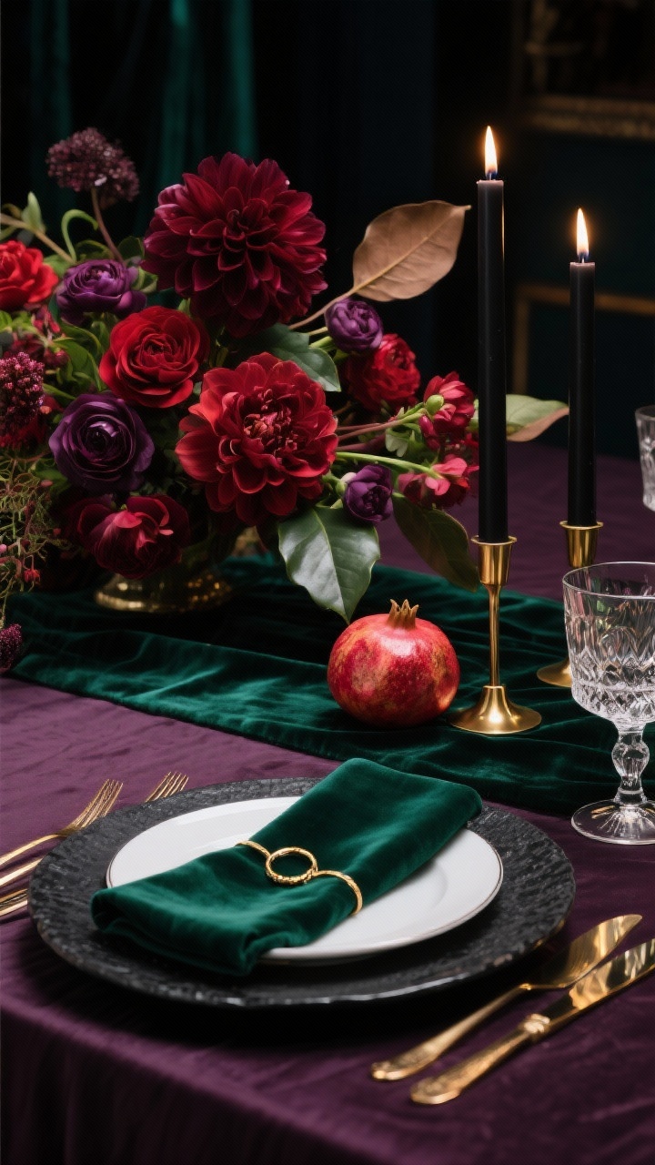 Photorealistic dramatic closeup of a moody jewel-tone table centerpiece: deep aubergine tablecloth with an emerald velvet runner, lush low floral arrangement of burgundy dahlias, plum ranunculus, and deep red peonies with glossy magnolia leaves; black taper candles in gold holders creating a sultry candlelit sheen; foreground detail of a black stoneware charger with a white coupe plate, gold modern flatware, emerald velvet napkin with a thin gold ring; a single pomegranate at the place setting; cut-crystal goblet catching highlights; low, glam evening lighting with high contrast
