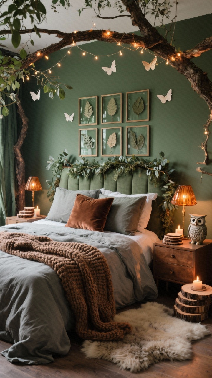 Photorealistic medium bedroom shot for an Enchanted Forest Bedroom: color story of moss green, bark brown, fog gray with copper accents; layered bedding—linen duvet, chunky knit throw, velvet pillows; a branch canopy suspended above the bed wrapped with warm fairy lights and dotted with delicate paper moths; eucalyptus swag over the headboard; framed pressed leaves in glass float frames arranged grid-style above a dresser; bedside styling with amber glass lamps, stacked wood slice coasters, a ceramic owl figurine; faux sheepskin rug at the foot of the bed. Soft candlelight and warm ambient glow, calm woodland mood. Corner angle. No people.
