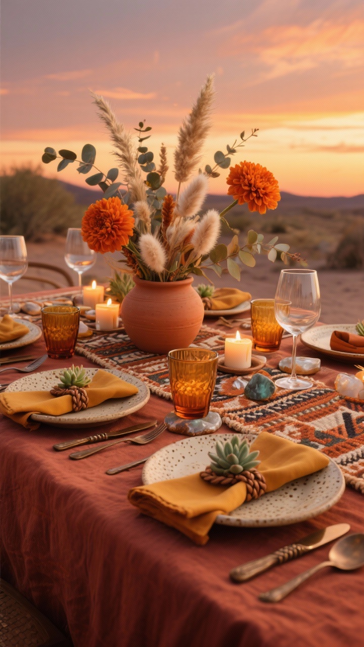 Photorealistic medium closeup of a desert sunset southwest tablescape: rust-colored linen tablecloth with a woven Aztec-inspired runner; terracotta vessels holding burnt orange mums, pampas grass, bunny tails, and eucalyptus; clay tea lights flickering, clusters of agate coasters adding shimmer; speckled ceramic plates in sand and paprika tones, antique bronze flatware, amber tumblers with clear wine glasses; mustard or terracotta napkins wrapped with braided leather; mini succulents as favors at each plate; warm, earthy palette with sunset-toned ambient lighting
