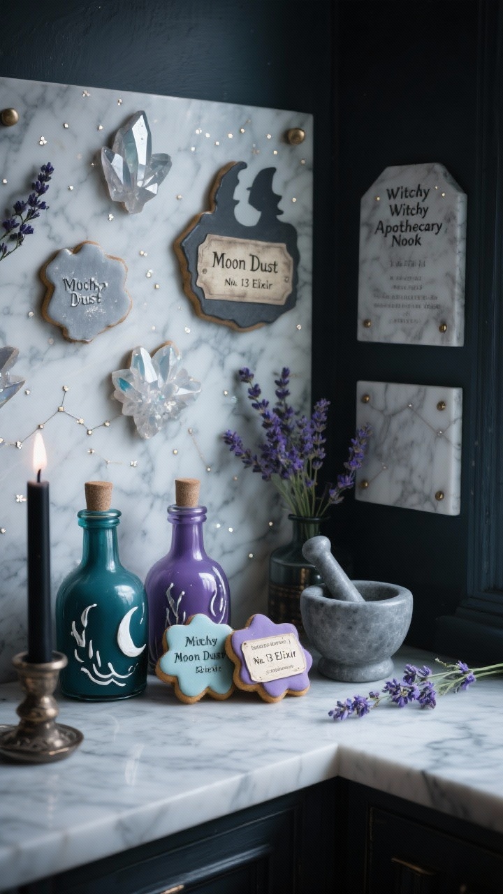 Photorealistic medium corner-angle shot of a “Witchy Apothecary Nook”: potion bottle cookies in inky teal, amethyst, and smoky gray with semi-opaque glazes and metallic silver brushstrokes; hand-painted aged labels reading “Moon Dust” and “No. 13 Elixir”; mortar-and-pestle silhouettes; crystal cluster cookies brushed with pearly shimmer; constellation dot patterns; plaques with subtle marble effect like stone counters. Styled on a marble board with dried lavender and a black taper candle; magical, moody ambiance with dim, cool-toned lighting and soft highlights. No people.