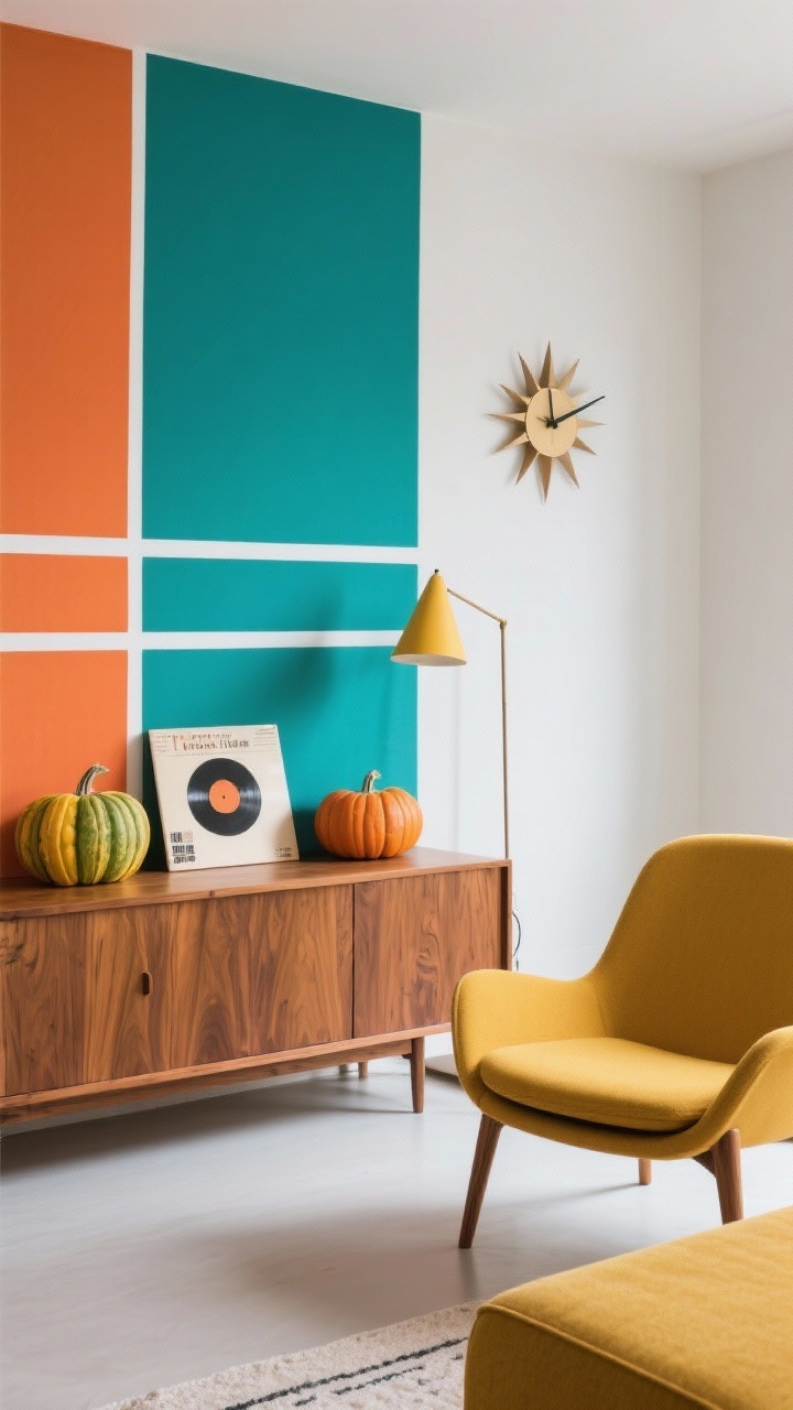 Photorealistic medium mid-century lounge vignette: low teak credenza, saffron accent chair, starburst clock on the wall; color-blocked mod pumpkins in mustard, avocado, tangerine, and teal divided by crisp white lines, neatly taped for precision; a vintage record sleeve propped up and a skinny lamp with a cone shade; playful, graphic, mid-century fabulous; clean, even lighting; no people.