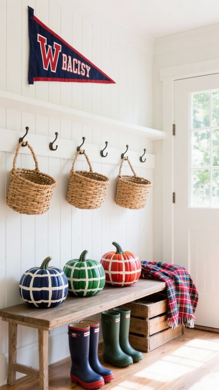 Photorealistic medium mudroom bench scene with preppy vibe: beadboard hooks, woven baskets, rubber boots lined up; pumpkins hand-painted in bold tartan patterns—navy, hunter green, and cherry red with cream lines—clean, taped plaid accuracy; a varsity-style pennant on the wall and a plaid blanket tossed over a crate; bright, cheerful daylight; crisp, spirited tailgate energy; no people.