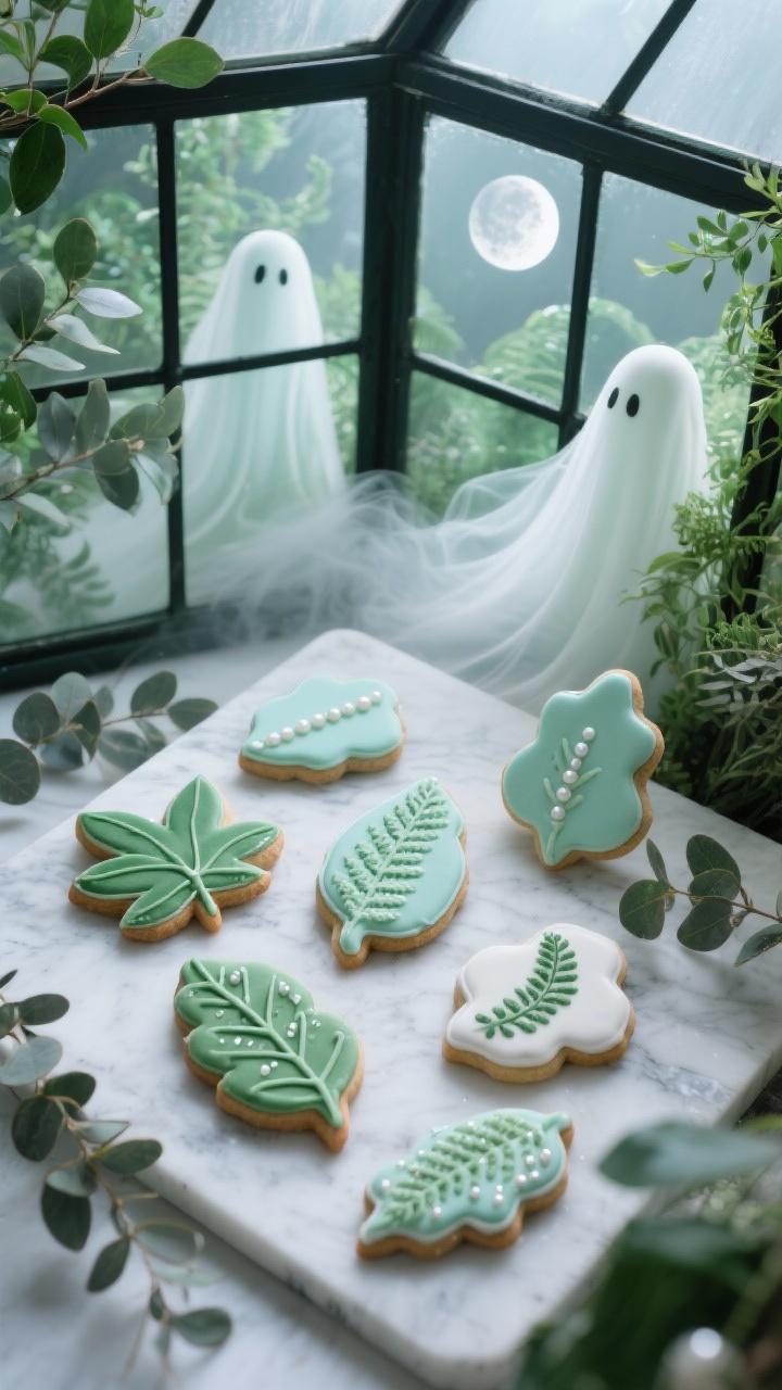 Photorealistic medium overhead composition of a “Ghostly Garden Conservatory”: botanical leaf and fern cookies in eucalyptus green, pale mint, and moonlit white with ultra-fine veins and fern fronds; a few leaves glazed with sheer pearl for dew-kissed translucence; windowpane “greenhouse” cookies with thin black mullions over frosted translucent panes; soft ombre ghost cookies peeking behind greenery like swirling fog. Presented on a white marble slab with real eucalyptus sprigs; airy, serene mood with diffused moonlit cool lighting. No people.