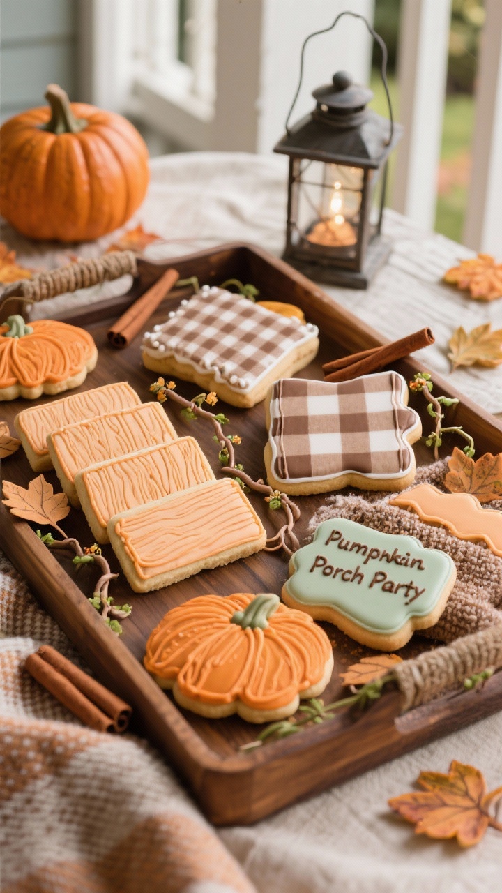 Photorealistic medium overhead shot of a “Pumpkin Patch Porch Party” cookie spread: pumpkin cookies in soft tangerine, muted apricot, and dusty sage; rectangle cookies piped with realistic wood-grain lines to mimic weathered porch planks; twisted vine stems and micro-piped royal icing leaves dusted lightly with cocoa; gingham-patterned plaque cookies like cozy throw blankets. Arrange on a warm wooden tray with cinnamon sticks and a tiny lantern; autumnal, snuggly mood with soft natural afternoon light. No people.