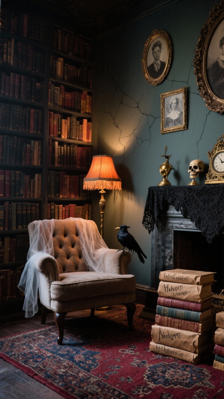 Photorealistic medium reading nook for a Haunted Library Lounge: a wall densely lined with books—dark spines and cloth covers—featuring a tufted armchair, Persian-style rug in burgundy and navy, vintage floor lamp with a fringe shade casting low amber light; DIY-wrapped hardcover books in brown kraft paper with hand-lettered eerie titles stacked unevenly; mantel styled with brass skulls, antique clocks, black lace mantel scarf; wall art of oval portrait frames with Victorian photos and subtle crack decals; a small faux crow tucked between book spines; thin gauze draped over the chair back. Shot from a slightly elevated corner angle for drama. Warm, moody lighting. No people.