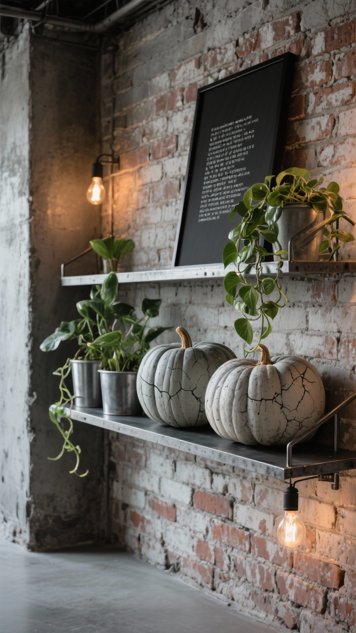 Photorealistic medium shelfie in an industrial loft: brick wall backdrop, metal shelving, Edison bulbs casting warm light; pumpkins painted with a concrete effect—layered gray tones, subtle sponging, fine hairline cracks—paired with steel planters and a black-framed typographic print; a trailing pothos softening the metal; colors concrete gray, black, olive green, warm brick; rugged, sculptural, gallery-cool; no people.