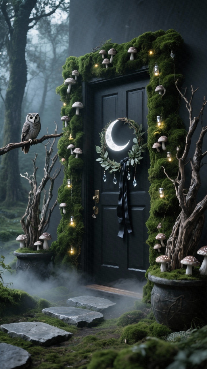 Photorealistic medium shot from a low corner angle of an enchanted forest doorway: frame lined with lush faux moss panels; clusters of mushroom decor and tiny battery micro-lights tucked into the moss; crescent-moon hoop wreath wrapped in eucalyptus with hanging crystals and black ribbon trails; tall gnarled branch bundles in urns flanking the door; subtle low fog drifting along the threshold; owl figurine perched on a branch; moon-phase stepping stones leading up; color palette moss, charcoal, silver, deep green; textures moss, twig, stone; soft moonlit ambience.