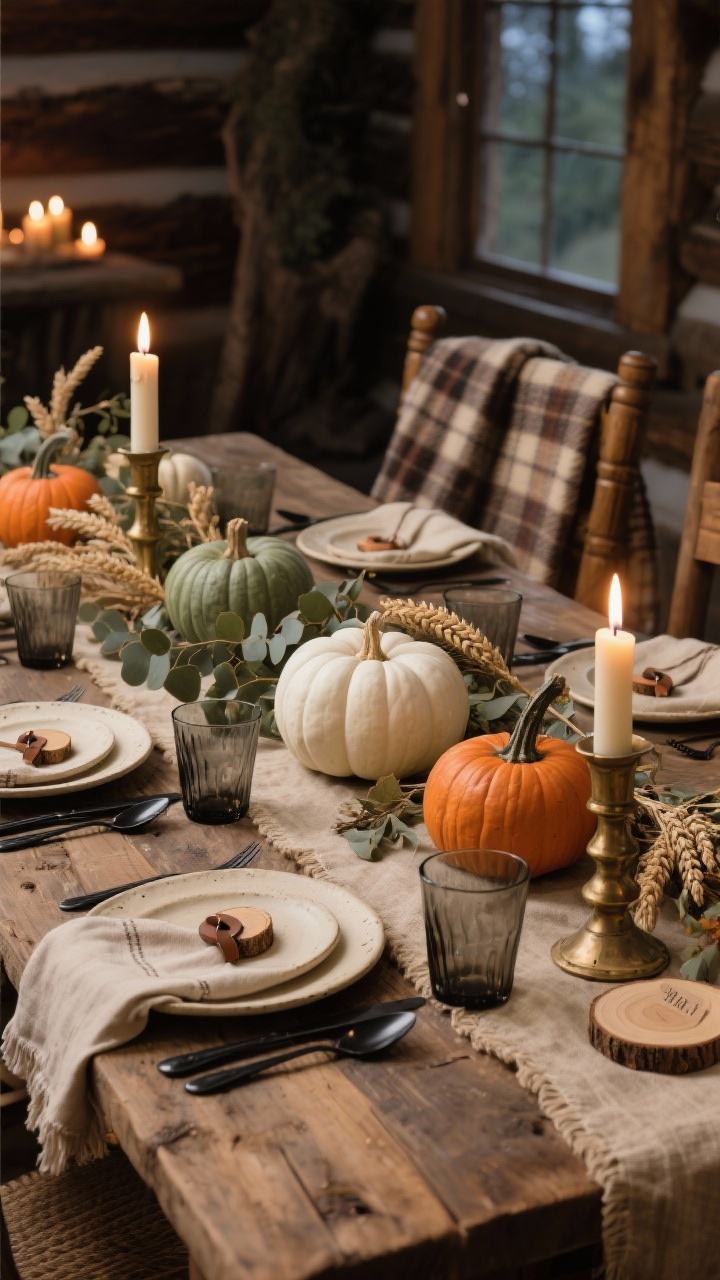 Photorealistic medium shot of a rustic harvest lodge Thanksgiving table: raw wood farmhouse table with a chunky oatmeal linen runner, heirloom pumpkins in white, sage, and dusty orange nestled among eucalyptus and dried wheat, aged brass candlesticks with natural beeswax tapers casting a mellow warm glow; cream stoneware plates with a hand-thrown look, matte black flatware, smoky glass tumblers and simple stemmed wine glasses, flax linen napkins with leather rings; mini wood slice place cards and plaid wool throws draped over chair backs; earthy, tactile, cozy cabin ambiance, evening candlelight, shallow depth of field